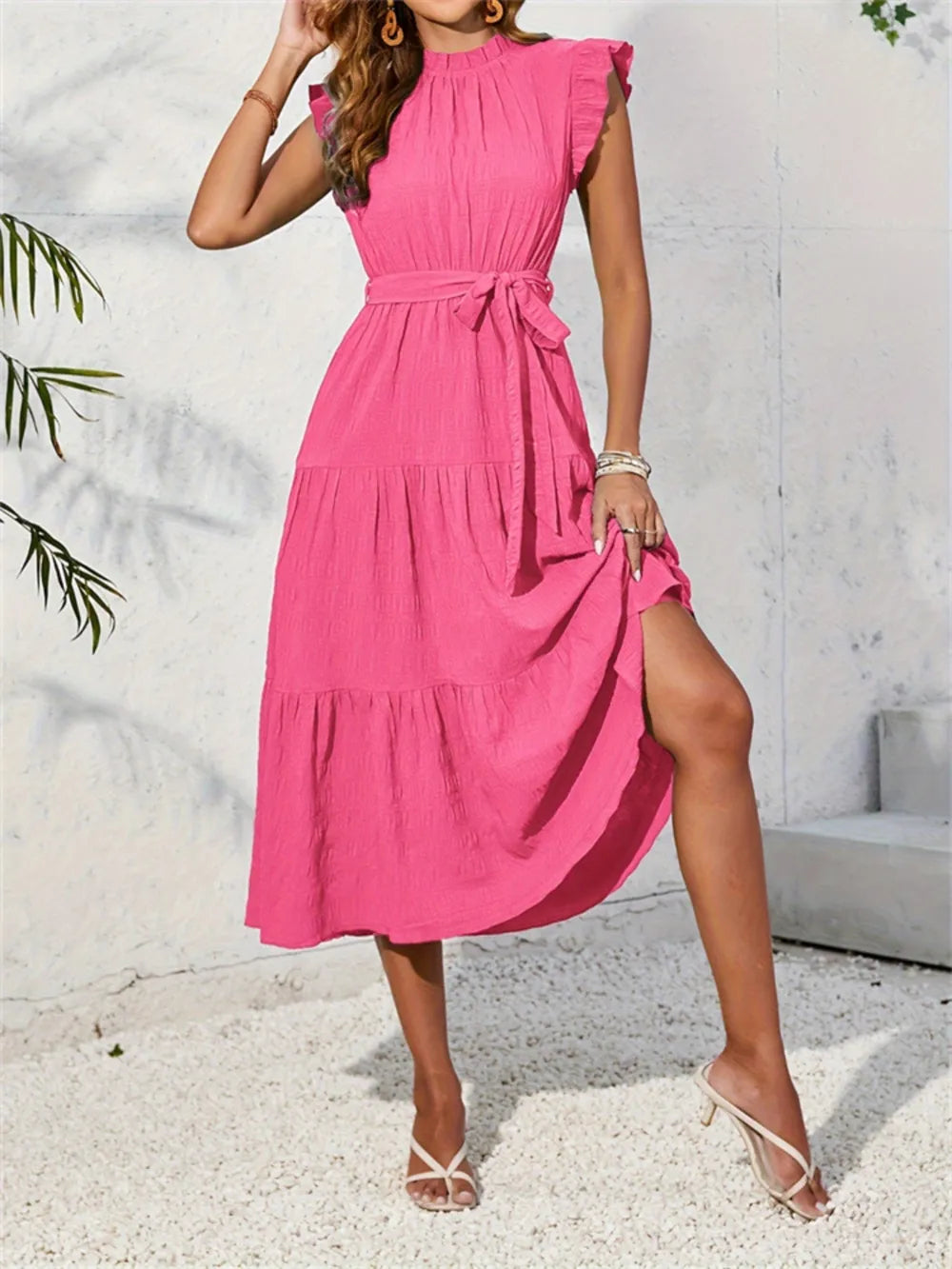 Frill Mock Neck Ruffled Cap Sleeve Midi Dress – Vittorio Lane